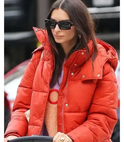 Emily Ratajkowski Orange Puffer Jacket