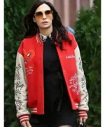 Famke Janssen Red and White Varsity Jacket