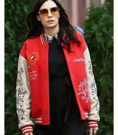 Famke Janssen Red and White Varsity Jacket