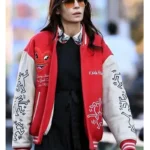 Famke Janssen Red and White Varsity Jacket