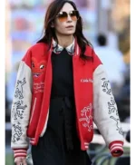 Famke Janssen Red and White Varsity Jacket