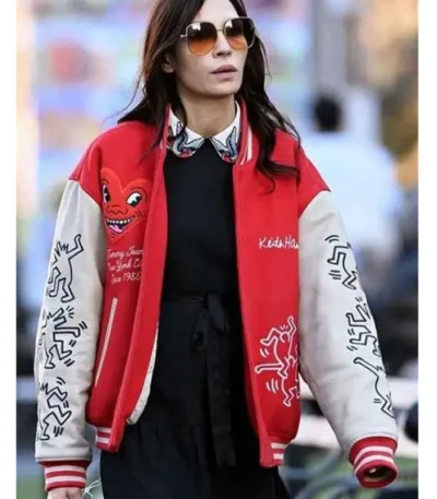 Famke Janssen Red and White Varsity Jacket
