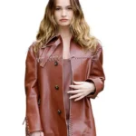 Fashion Week Lily James Brown Leather Jacket