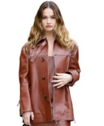 Fashion Week Lily James Brown Leather Jacket