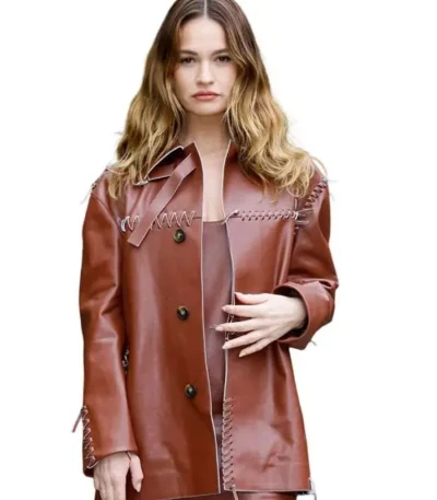 Fashion Week Lily James Brown Leather Jacket