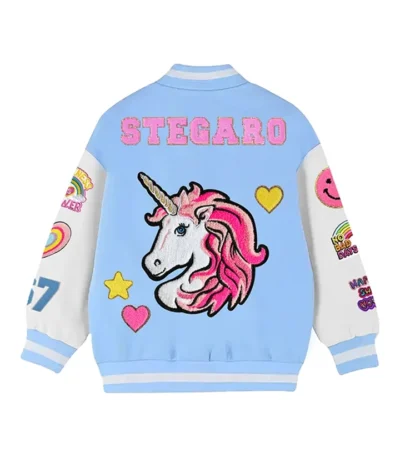 Stegaro Unicorn Blue And White Wool Varsity Jacket