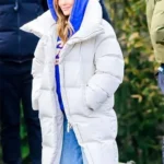 Jennifer Lopez Office Romance White Puffer Coat