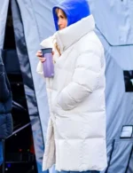 Jennifer Lopez Office Romance White Puffer Coat