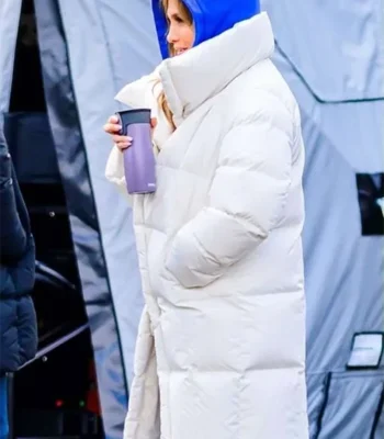 Jennifer Lopez Office Romance White Puffer Coat