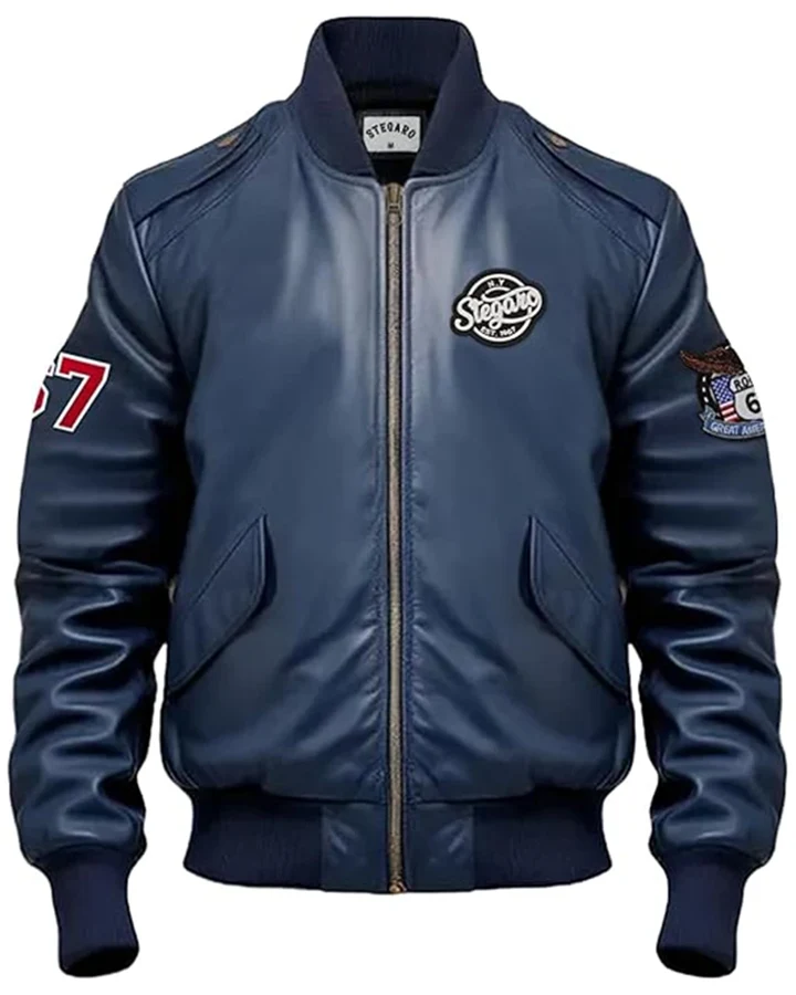 Johannsen Navy Blue Stegaro Bomber Leather Jacket Johannsen Navy Blue Stegaro Bomber Leather Jacket