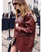Fashion Week Lily James Brown Leather Jacket