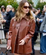 Fashion Week Lily James Brown Leather Jacket
