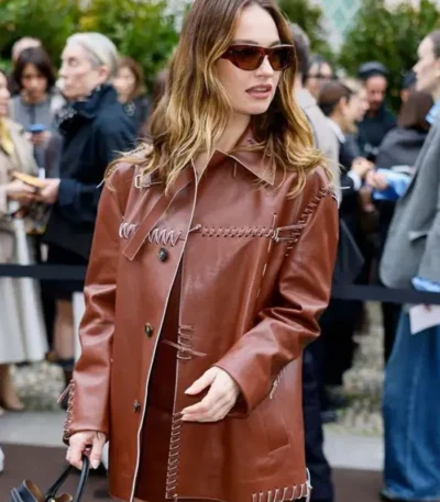 Fashion Week Lily James Brown Leather Jacket