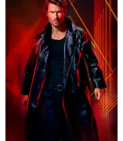 The Running Man Glen Powell Black Leather Coat