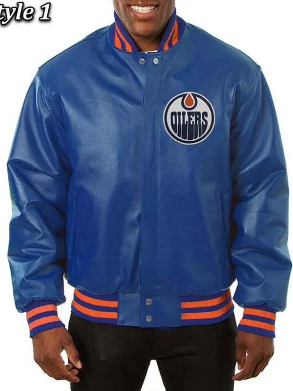 Varsity Edmonton Oilers Royal Blue Leather Jacket