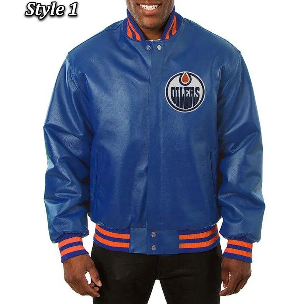 Varsity Edmonton Oilers Royal Blue Leather Jacket Varsity Edmonton Oilers Royal Blue Leather Jacket