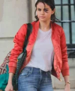 A Rainy Day In New York Selena Gomez Orange Satin Jacket