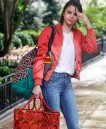 A Rainy Day In New York Selena Gomez Orange Satin Jacket