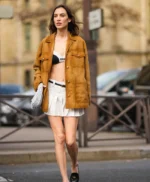 Alexa Chung Paris Fashion Week 2023 Brown Suede Jacket