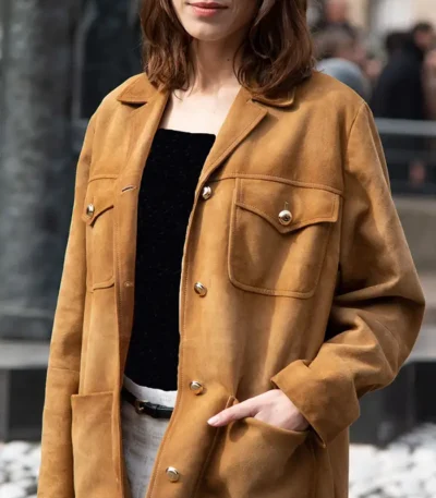 Alexa Chung Paris Fashion Week 2023 Brown Suede Jacket