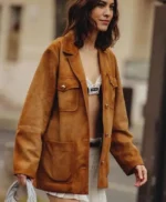 Alexa Chung Paris Fashion Week 2023 Brown Suede Jacket