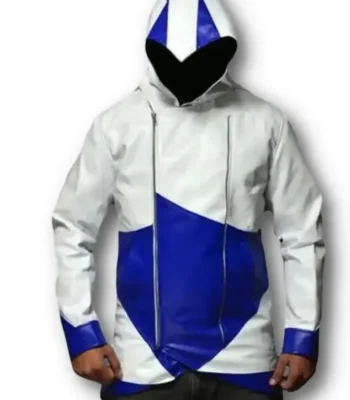 Assassins Creed White and Blue Hooded Leather Coat