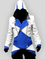 Assassins Creed White and Blue Hooded Leather Coat