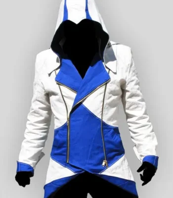 Assassins Creed White and Blue Hooded Leather Coat