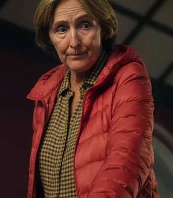 Bad Sisters S02 Fiona Shaw Red Puffer Jacket