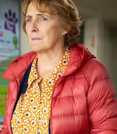 Bad Sisters S02 Fiona Shaw Red Puffer Jacket