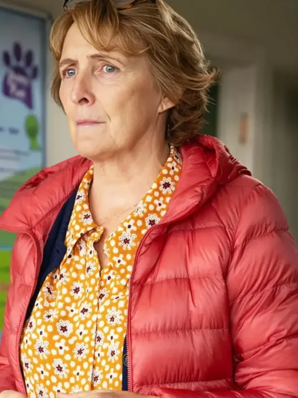 Bad Sisters S02 Fiona Shaw Red Puffer Jacket