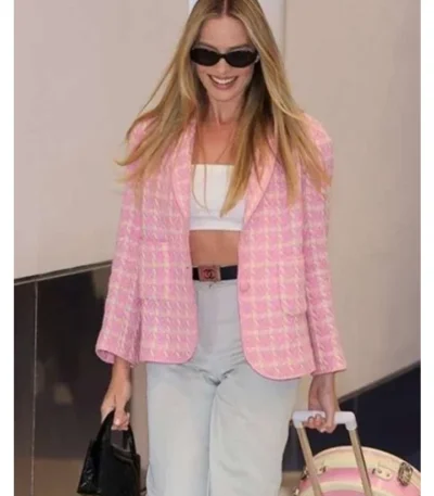 Barbie 2023 Margot Robbie Checkered Pink Blazer