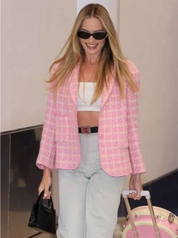 Barbie 2023 Margot Robbie Checkered Pink Blazer