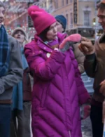 Carrie Preston Elsbeth S02 Purple Puffer Coat