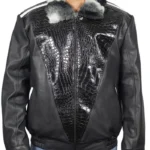 Chinchilla Fur Collar Black Sheepskin Leather Jacket