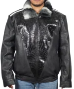 Chinchilla Fur Collar Black Sheepskin Leather Jacket