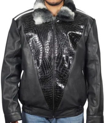 Chinchilla Fur Collar Black Sheepskin Leather Jacket