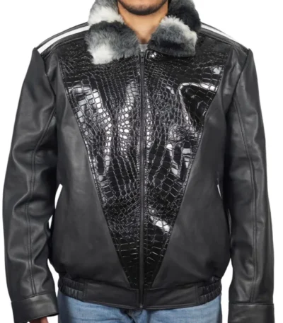 Chinchilla Fur Collar Black Sheepskin Leather Jacket