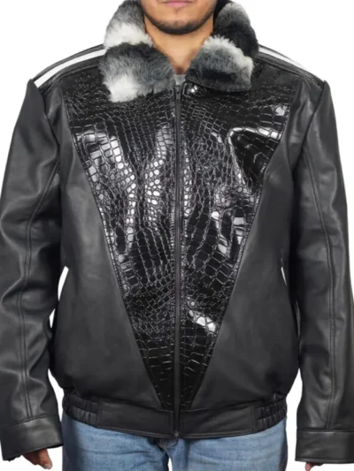 Chinchilla Fur Collar Black Sheepskin Leather Jacket