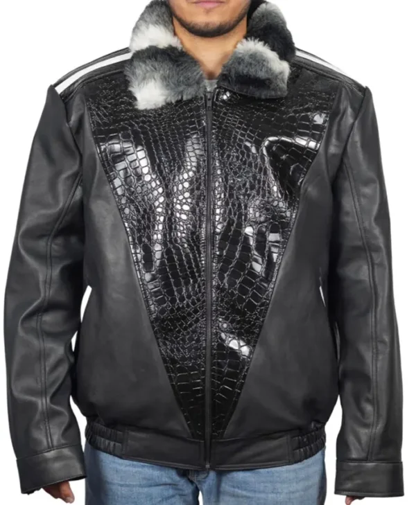 Chinchilla Fur Collar Black Sheepskin Leather Jacket