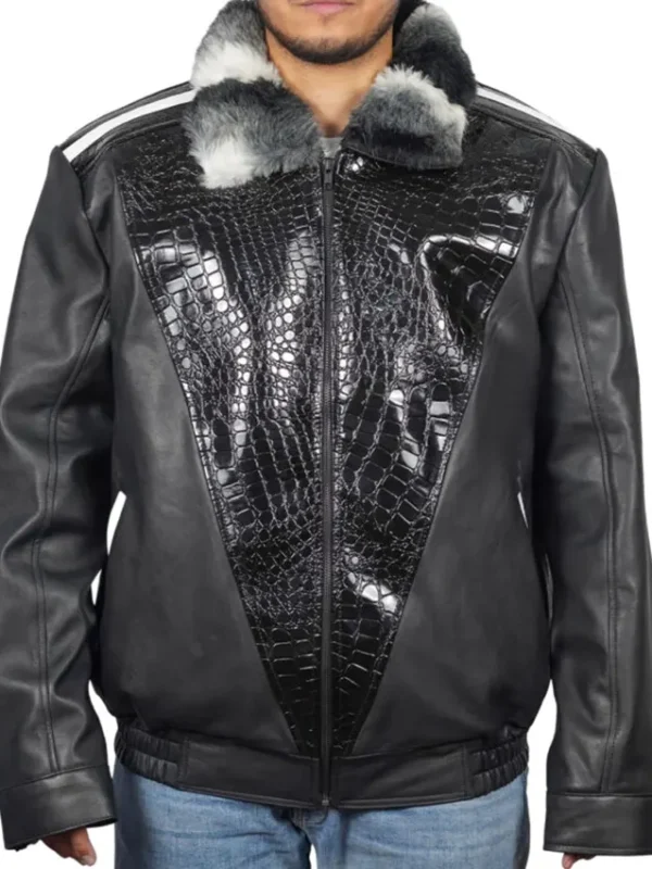Chinchilla Fur Collar Black Sheepskin Leather Jacket