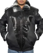 Chinchilla Fur Collar Black Sheepskin Leather Jacket