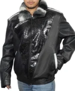Chinchilla Fur Collar Black Sheepskin Leather Jacket