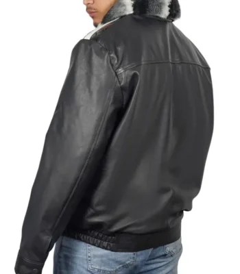 Chinchilla Fur Collar Black Sheepskin Leather Jacket