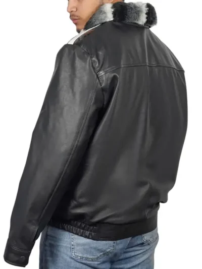 Chinchilla Fur Collar Black Sheepskin Leather Jacket