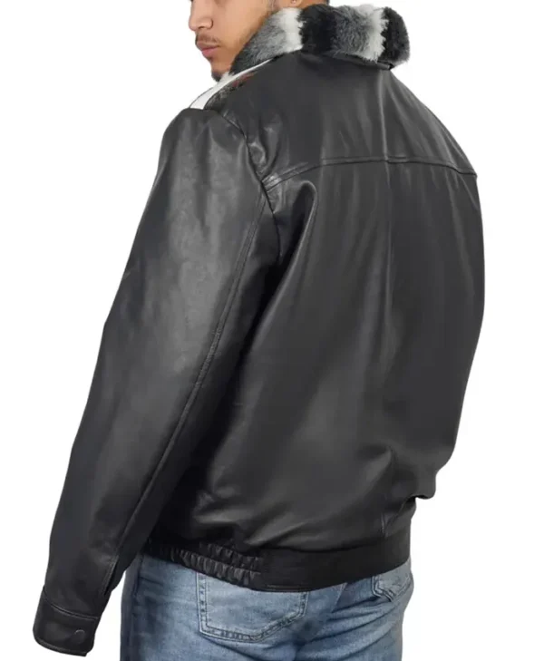 Chinchilla Fur Collar Black Sheepskin Leather Jacket