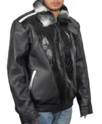 Chinchilla Fur Collar Black Sheepskin Leather Jacket