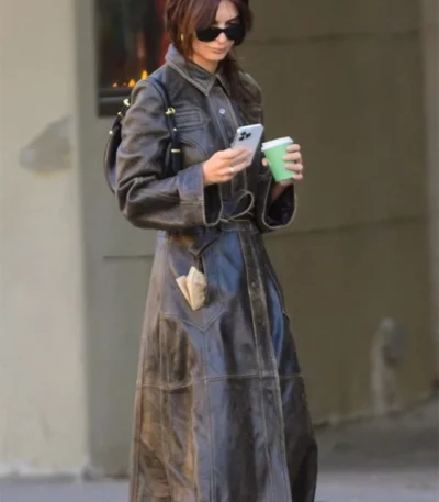 Emily Ratajkowski NYC Street 2023 Brown Leather Coat