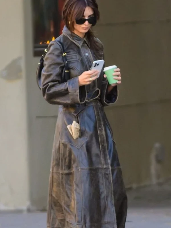 Emily Ratajkowski NYC Street 2023 Brown Leather Coat