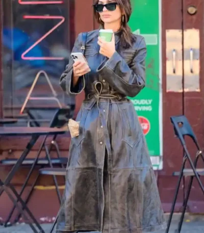 Emily Ratajkowski NYC Street 2023 Brown Leather Coat